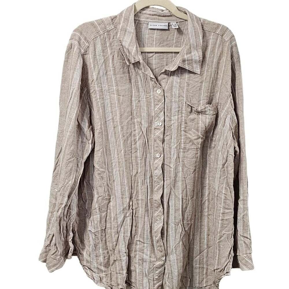 Susan Graver 1X Linen Blend Striped Button Down Tunic Shirt